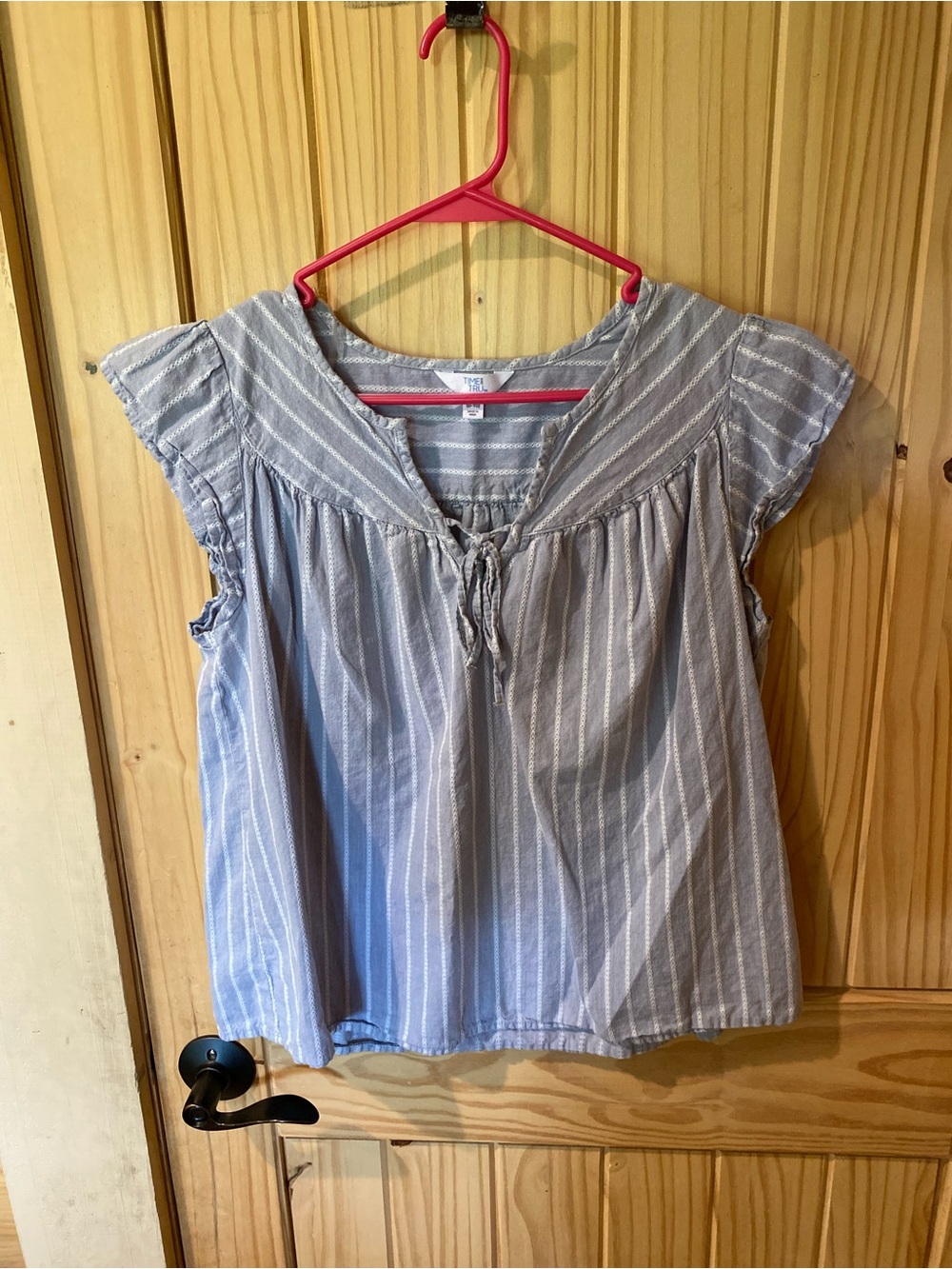 Time and Tru Light Blue Striped Tie-Front Peasant Blouse